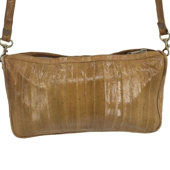 70's Shoulder Bag Eel Skin Leather Golden Tan Striped Textured Rectangle Zip - Picture 17 of 17